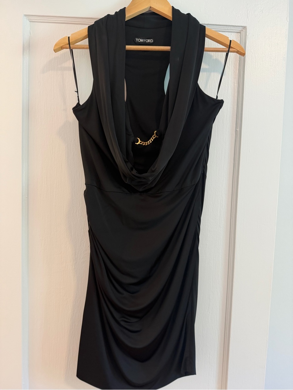 Tom Ford Black Draped Halter Mini Dress with Gold Chain
